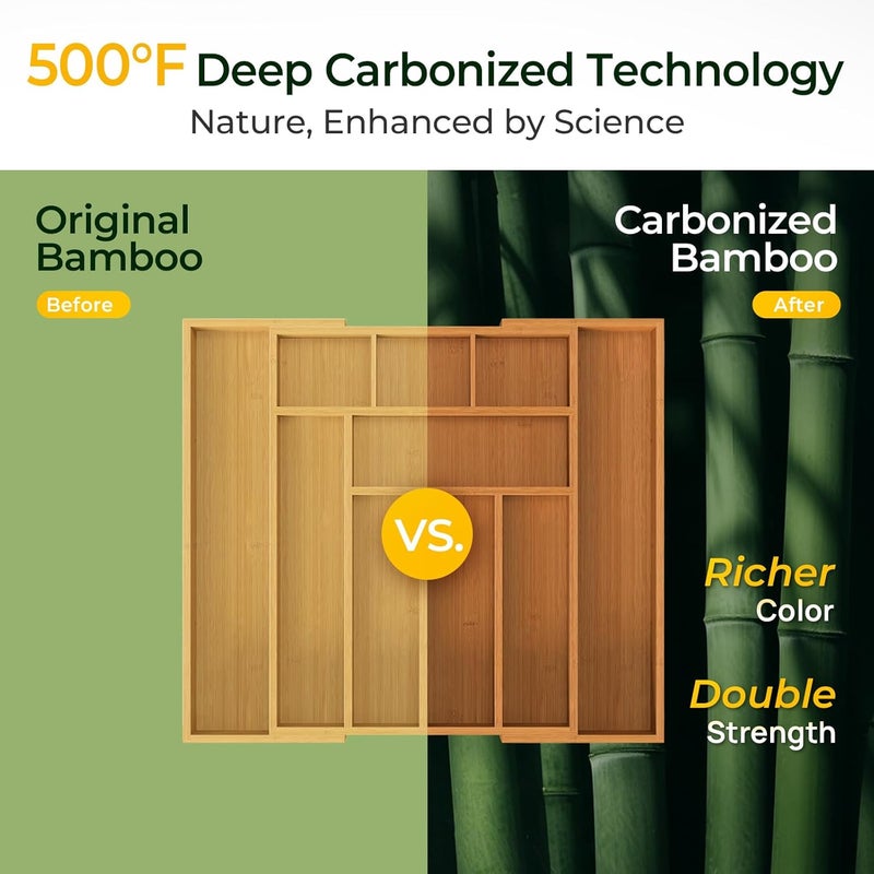 keechee Carbonized Bamboo Kitchen Drawer Organizer, 10 Slots Expandable Silverware Organizer, Utensil Holder & Cutlery Tray, 2.2" Deep for Extra Capacity, Non-Slip Feet Included - Image 4